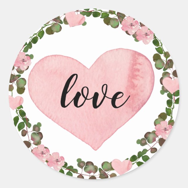 Liebe Watercolor Pink Herz und Eukalyptus Grüne Runder Aufkleber (Vorderseite)