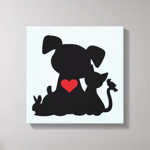 Liebe Welpe und Kitten Silhouette Blau Leinwanddruck