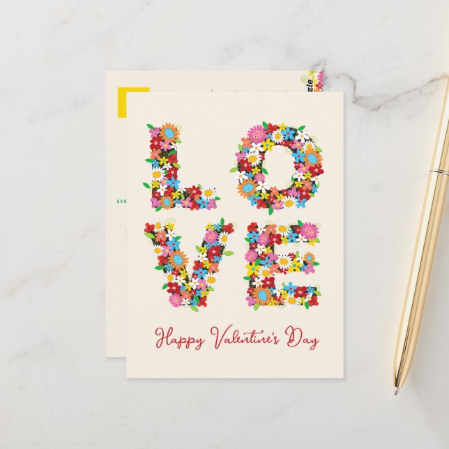 LIEBE Whimsical farbenfrohe Frühlingsblumen Danke Postkarte (Vorderseite/Rückseite Beispiel)