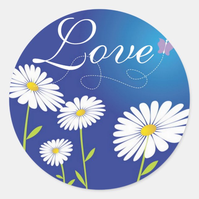 Liebe White Daisies Blume & Blue Butterfly Runder Aufkleber (Vorderseite)