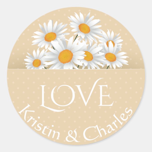 Liebe White Daisies Tan Polka Dot Personalisiert Runder Aufkleber (Vorderseite)