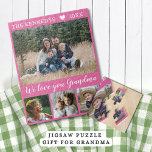 Liebe You Oma 4 Family Foto Collage Rosa<br><div class="desc">Puzzle für individuelle Fotos mit 4 Fotos.Personalisieren Sie mit Familienname und Jahr.Das Zitat "Wir Liebe Sie Oma" fügt dem Puzzle Foto eine einzigartige Touch hinzu und macht Großmas ein besonderes Geschenk.</div>