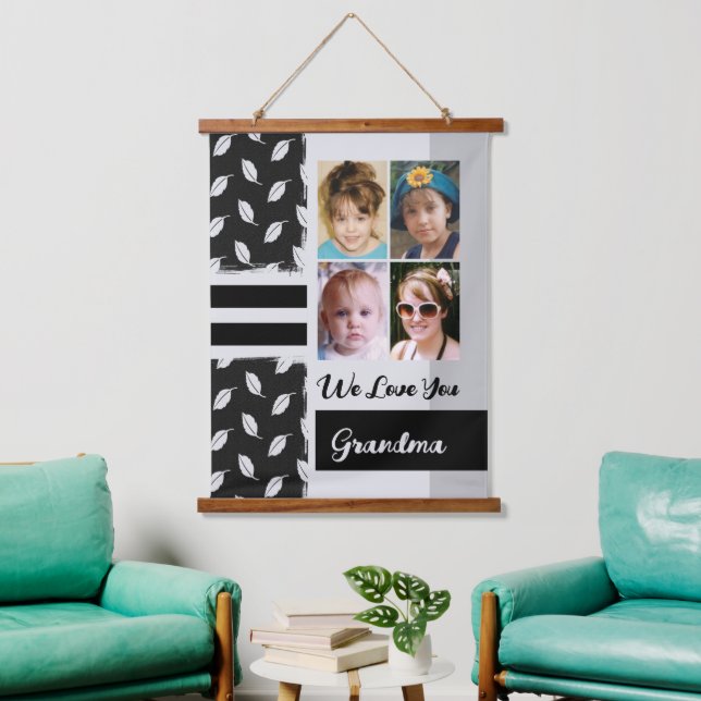 Liebe you Oma 4 Foto Blatt Muster schwarz Wandteppich Mit Holzrahmen (Wohnzimmer)