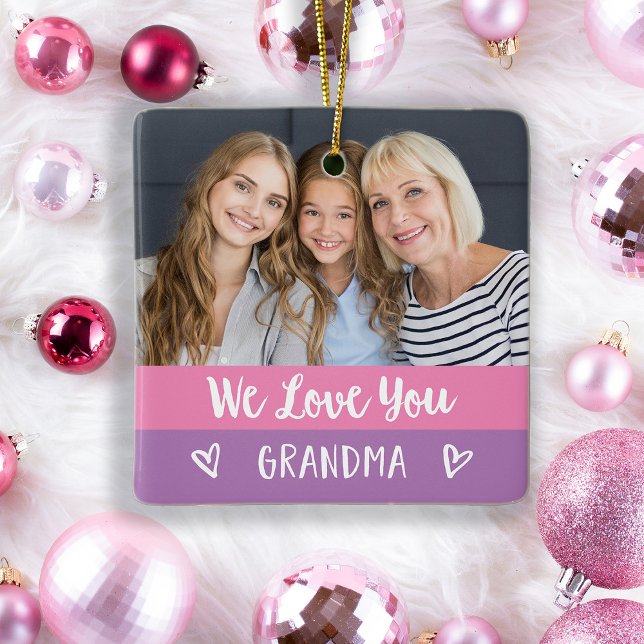 Liebe You Oma | Rosa Farbblock Zwei Fotos Keramikornament (A pretty, pink and purple color block ornament is the perfect holiday keepsake for your grandma)