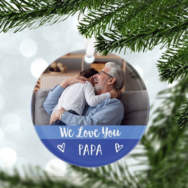 Liebe You Papa | Blauer Farbblock Zwei Fotos Ornament (A cute and colorful blue color block Christmas ornament for your Papa)