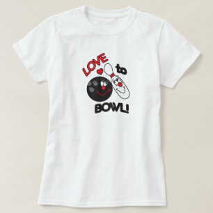Liebe, zu rollen Bowlings-Button und Ball T-Shirt