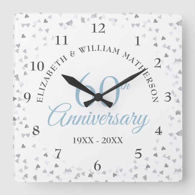 Liebe zum 60. Jubiläum Hearts Confetti Quadratische Wanduhr (Vorderseite)
