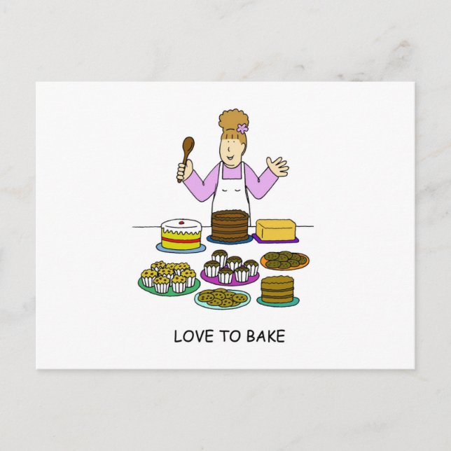 Liebe zum backen Cartoon Lady with Cakes Postkarte (Vorderseite)