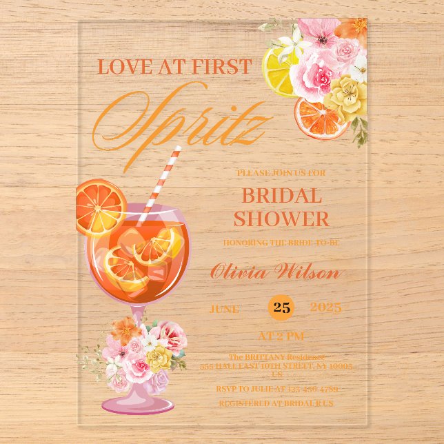 Liebe zum ersten Spritz Floral Cocktail Brautparty Acryleinladungen (Vorderseite)
