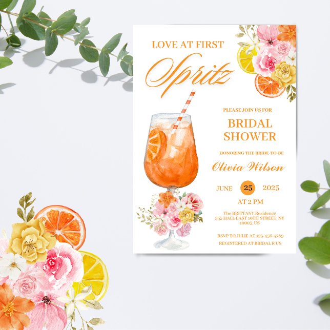 Liebe zum ersten Spritz Floral Cocktail Brautparty Einladung (watercolor bridal shower wedding invitation cocktail drink modern elegant chic citrus silces orange )