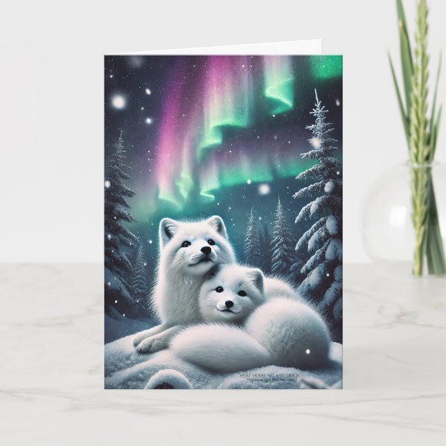 Liebende arktische Füchse Nordlichtschneewald Feiertagskarte (Vorderseite)