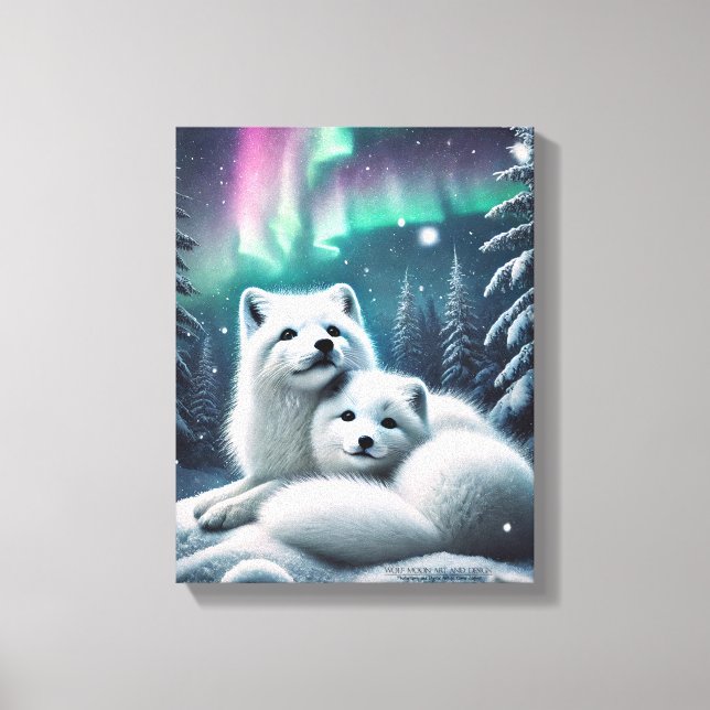 Liebende arktische Füchse Nordlichtschneewald Leinwanddruck (Vorderseite)