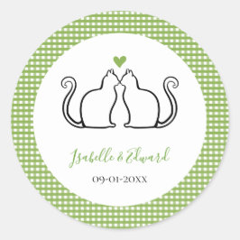 Liebende Katzen Herz Grün & Weiß Gingham Namen Runder Aufkleber