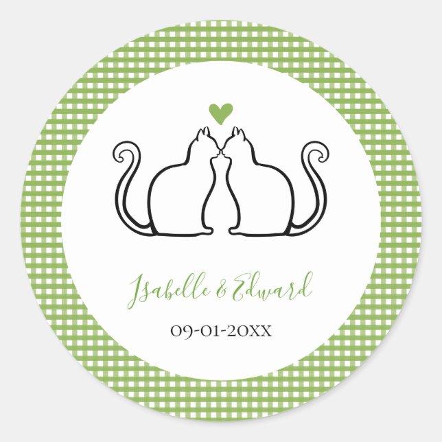 Liebende Katzen Herz Grün & Weiß Gingham Namen Runder Aufkleber (Vorderseite)