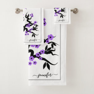 Liebende Vögel in Lila Kirschbaumblüten und Rand Badhandtuch Set