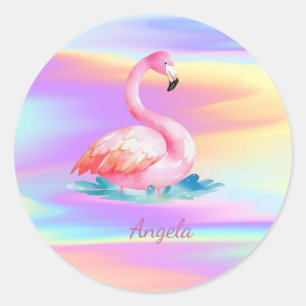 Liebenswerte süße rosa Flamingos Holografisch Runder Aufkleber