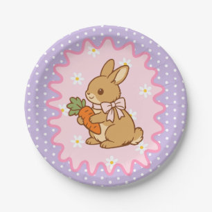 Liebenswerter lila Hase Karotte & Gänseblümchen Pappteller