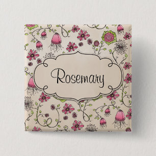 Liebenswürdige rosa Blumen mit Rahmen für Namen Button