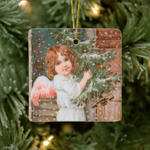 Liebenswürdiger Engel mit Weihnachtsbaum Keramikornament