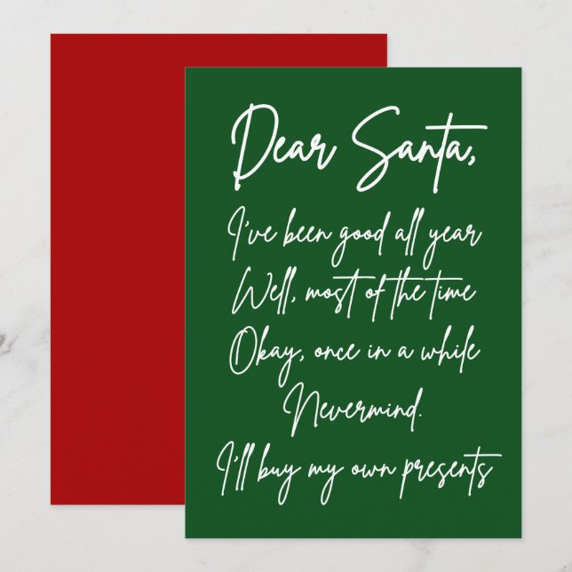 Lieber Weihnachten Ich kaufe mein eigenes Zeug Wei Karte (Vorne/Hinten)