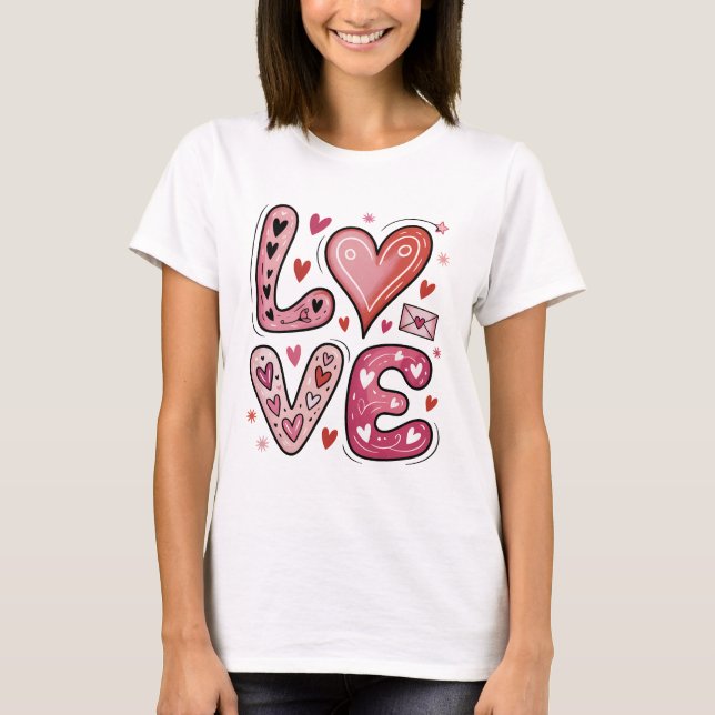 Liebes-Doodle Valentinstag Herz T-Shirt (Vorderseite)