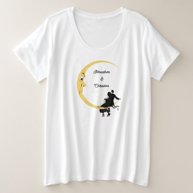 Liebes Paar sitzend auf Crescent Mond mit Gesicht Große Größe T-Shirt (Design vorne)