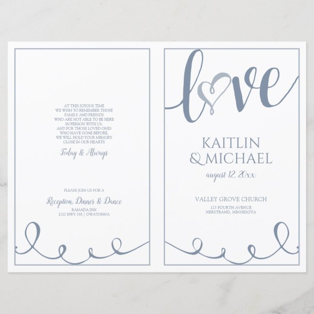 Liebes-Skript-Hochzeitsprogramme Dusty Blue (Vorderseite)