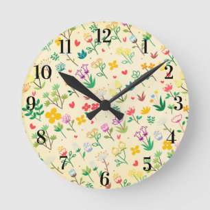Liebesgarten Frühlingsblumen & Herzen Runde Wanduhr
