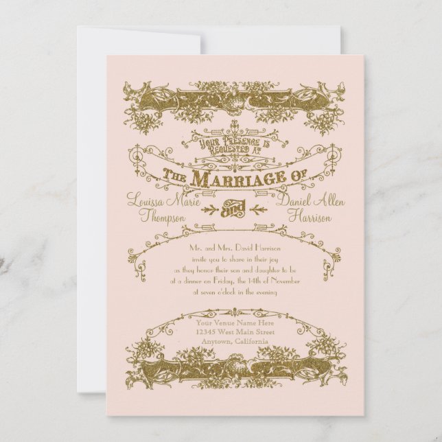 Liebesgeburten Etching Glamour Vintage Wedding Blu Einladung (Vorderseite)
