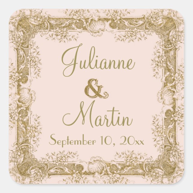 Liebesgeburten Etching Glamour Vintage Wedding Sie Quadratischer Aufkleber (Vorderseite)