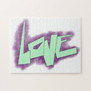 Liebesgraffiti lila grün mint typografie punkte