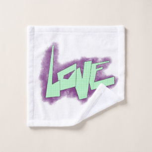 Liebesgraffiti lila grün mint typografie punkte waschlappen