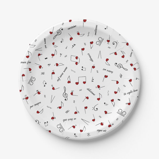 Liebesnotizen Rotes Herz Musiknotation Pappteller (Vorderseite)