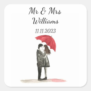 Liebespaar mit rotem Regenschirm Hochzeit Frischve Quadratischer Aufkleber
