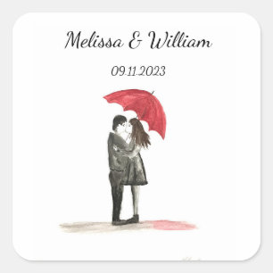 Liebespaar mit rotem Regenschirm Hochzeit Frischve Quadratischer Aufkleber