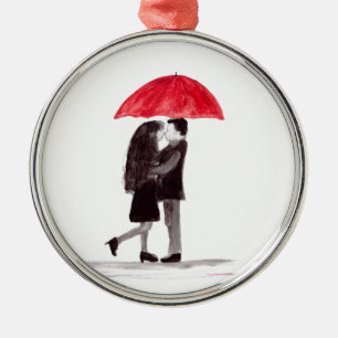 Liebespaar roter Regenschirm Wasserfarbe Hochzeit  Silbernes Ornament