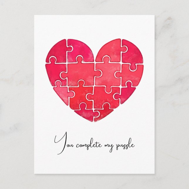 Liebespuzzle gelöst, rotes Puzzleherz Postkarte (Vorderseite)