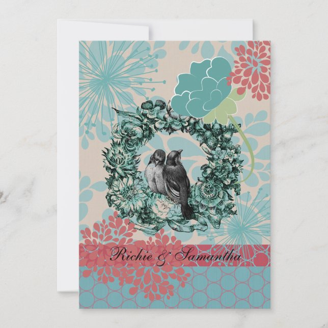 Liebesvögel auf Blumenkranz 12x18 Hochzeitseinladu Einladung (Vorderseite)