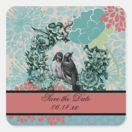Liebesvögel auf Blumenkranz Save the Date Aufklebe Quadratischer Aufkleber