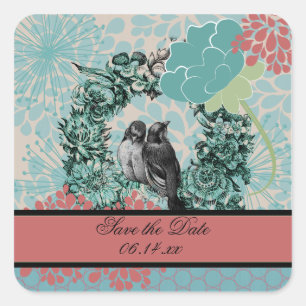 Liebesvögel auf Blumenkranz Save the Date Aufklebe Quadratischer Aufkleber