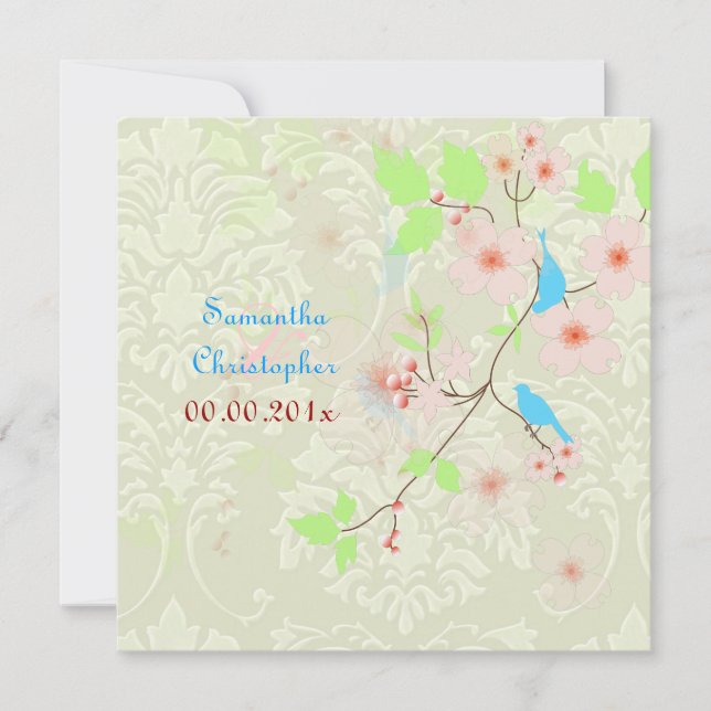 Liebesvögel auf Elfenbeindamast Hochzeitseinladung Einladung (Vorderseite)