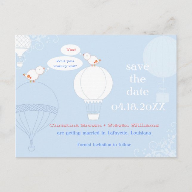 Liebesvögel auf Luftballons Save the Date Ankündigungspostkarte (Vorderseite)