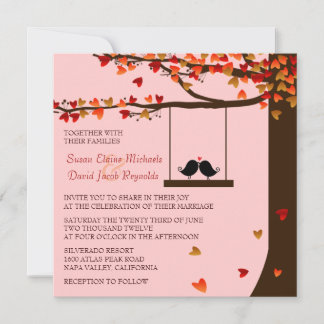 Liebesvögel Fallende Herzen Eichenbaum Hochzeitsem Einladung