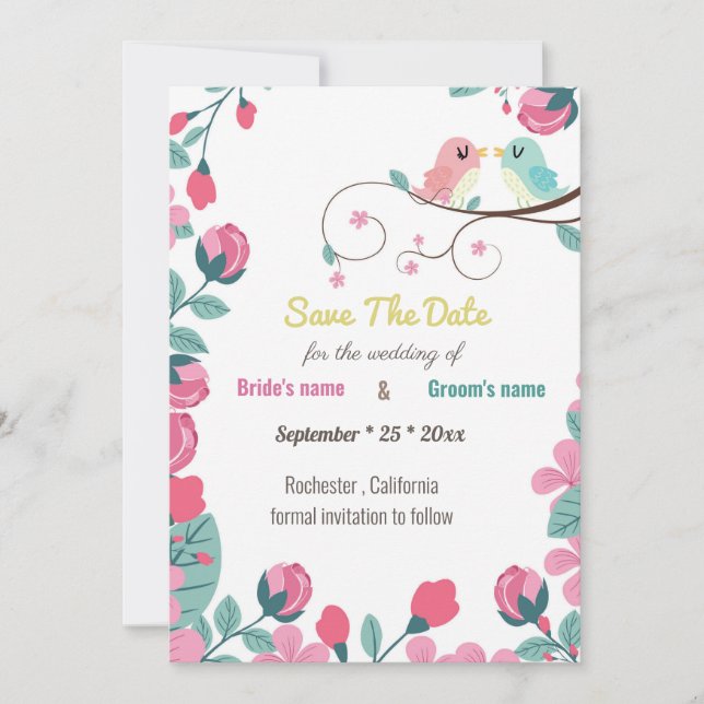 Liebesvögel Frühlingsblumen Save the Date (Vorderseite)