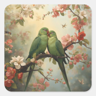 Liebesvögel | Grüne Papageien unter Blüten Quadratischer Aufkleber
