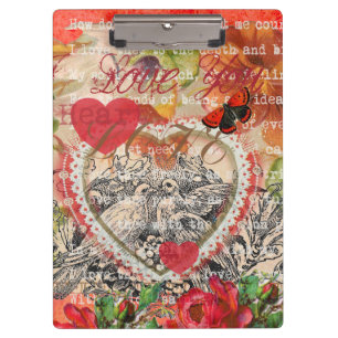 Liebesvögel Herz Rot Art Collage Klemmbrett
