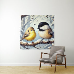 Liebesvögel in einem gefrorenen Winterdekor Wandteppich