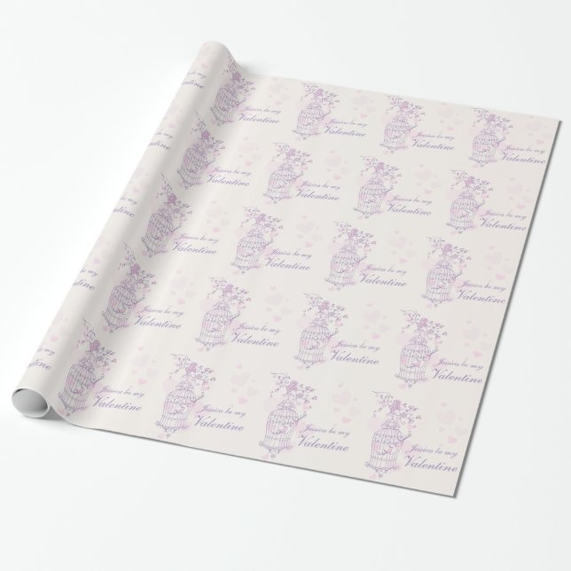 Liebesvögel Käfig lila rosa, Valentinverpackung ge Geschenkpapier (Ungerollt)