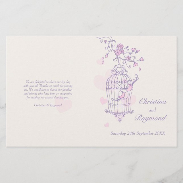 Liebesvögel lila rosa Hochzeitsprogramm (Vorderseite)