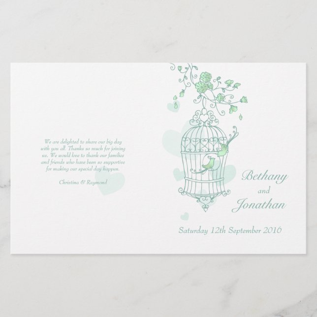 Liebesvögel minzen grünes Hochzeitsprogramm (Vorderseite)